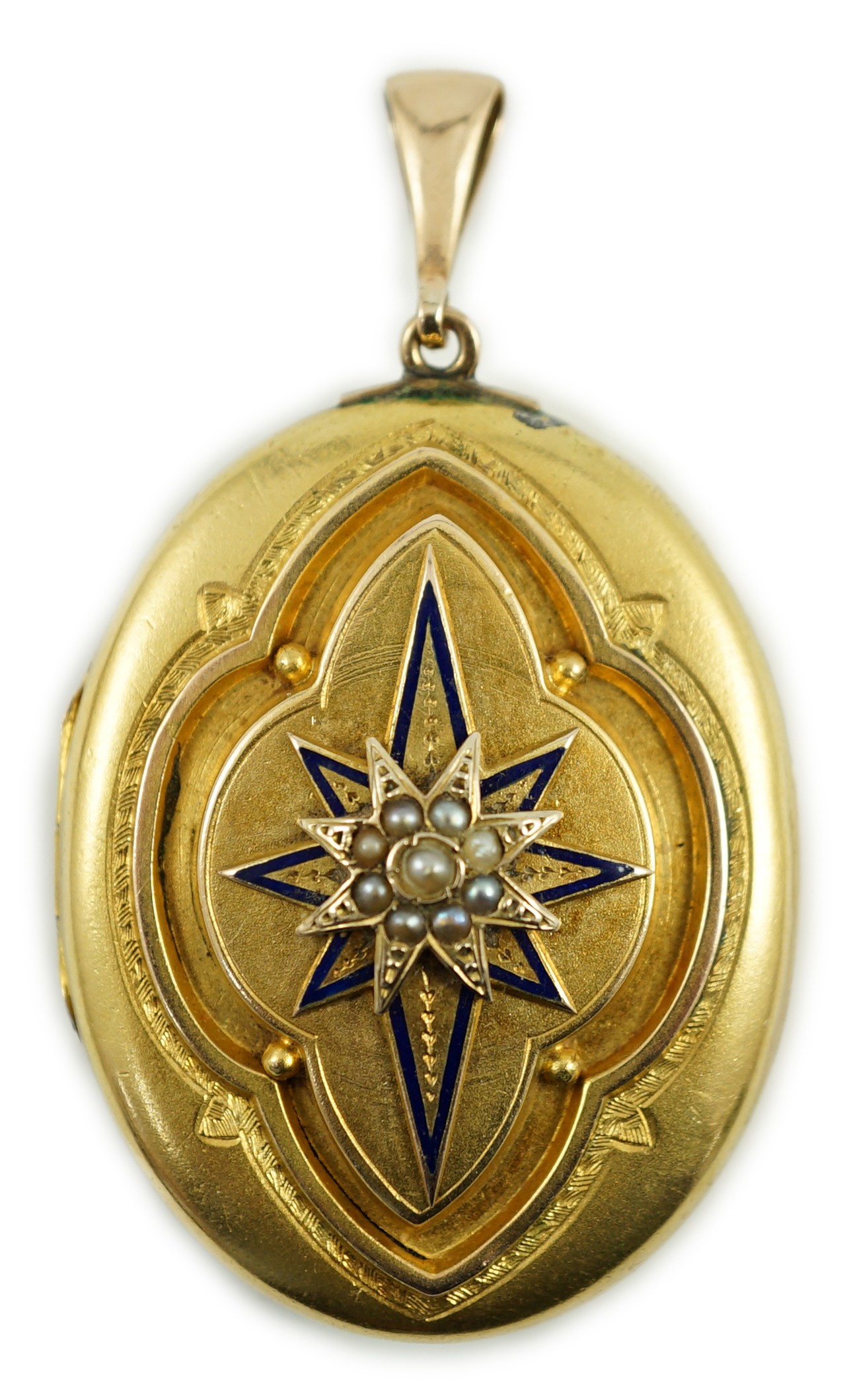A Victorian yellow metal, blue enamel and seed pearl set oval locket, 40mm, gross weight 13.8 grams.